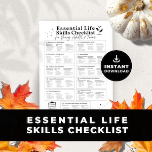 May include: A black and white printable checklist titled "Essential Life Skills Checklist for Young Adults & Teens". The checklist includes categories such as personal care and hygiene, communication skills, household management, social skills, cooking and nutrition, career and education, financial management, transportation and safety, time management, digital literacy, and physical and mental wellbeing.