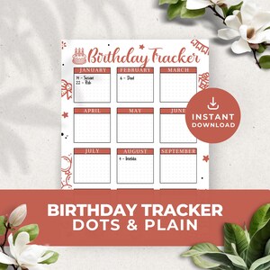 Puede incluir: Un rastreador de cumpleaños imprimible con un esquema de color rojo y blanco. El rastreador está dividido en 12 meses, con cada mes teniendo un espacio para escribir nombres y fechas. El rastreador tiene un fondo punteado y un título que dice "Birthday Tracker".