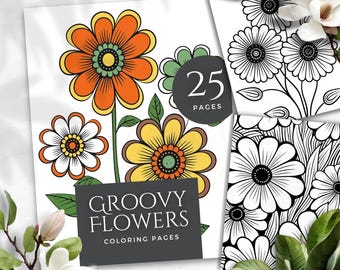Groovy bloemen retro kleurplaten afdrukbare vet eenvoudige bloementuin kunst lente zomer natuur kinderen volwassenen digitale pdf direct downloaden FL001