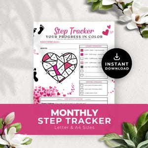 Roze magenta stappentracker afdrukbare maandelijkse kleurplaten fitnessplanner wandelen gewichtsverlies gezondheid doel dagboek digitale pdf direct downloaden PR002