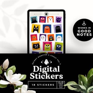 May include: A digital tablet displays colorful monster and ghost stickers. The stickers are square with various monster and ghost designs on a white background. The image also includes the text "Digital Stickers" and "Works in Good Notes."