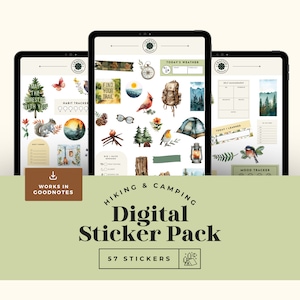 May include: A digital sticker pack for Goodnotes featuring 57 watercolour illustrations of hiking and camping themes. The stickers include a compass, a backpack, a tent, a campfire, a squirrel, a cardinal, a robin, a pine cone, a pair of glasses, a lantern, a tree, a mountain range, a quote about the forest, a habit tracker, a mood tracker, a self-management checklist, a "Today I Learned" section, and a "Did I Have Enough" checklist.