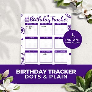 Puede incluir: Planificador de cumpleaños imprimible morado y blanco con un icono de pastel y una cuadrícula punteada. Los meses del año están listados en la parte superior: enero, febrero, marzo, abril, mayo, junio, julio, agosto, septiembre. El texto "Descarga instantánea" está en un círculo morado.