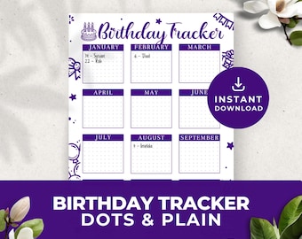 Dark Purple Birthday Tracker Printable Planner Journal Reminder Organizer Log Calendar Classroom Remember Digital Instant Download PDF PR007