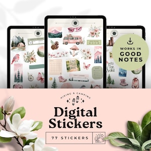 May include: Digital stickers for the GoodNotes app featuring 77 hiking and camping themed illustrations. The stickers include mountains, trees, a camper van, a compass, a mushroom, butterflies, and more. The stickers are in a watercolour style with pink, green, and brown colours.