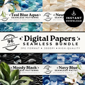 以下が含まれることがあります： ティール、ネイビー、ニュートラルな色調のシームレスパターンを特徴とするデジタルペーパーバンドル。画像には、「Teal Blue Aqua」、「Neutral」、「Moody Black」、「Navy Blue」というテキストが含まれており、「Seamless Patterns」と「Digital Papers」という単語も表示されています。
