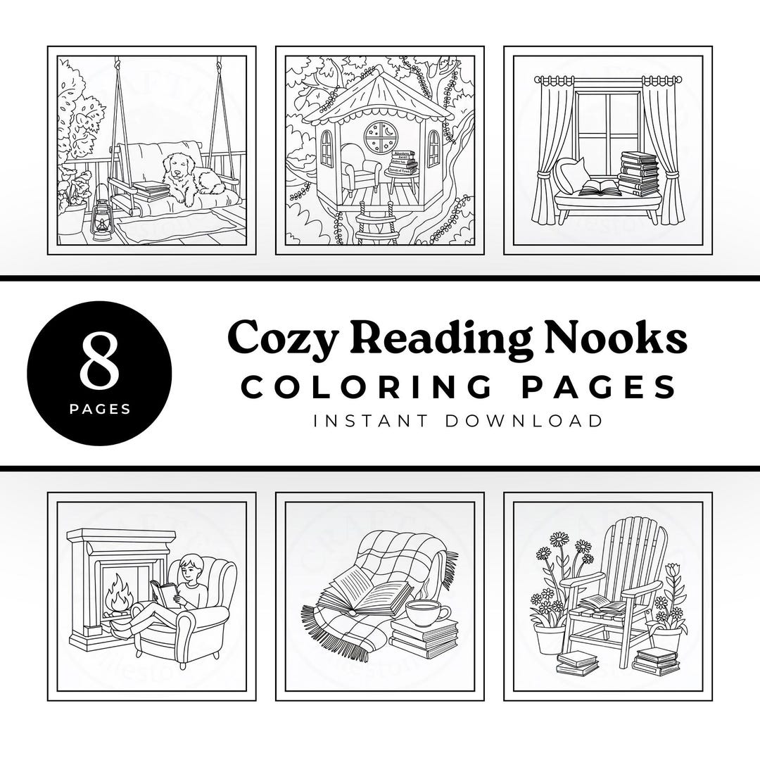 Cozy Book Lover Coloring Pages Reading Nooks Printable | Bold Easy Fun ...