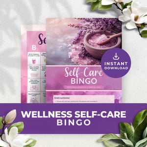 Pink Purple Wellness Self Care Bingo Card Mental Health Therapy Game Checklist Challenge Worksheet Activity Printable Instant Download NY001