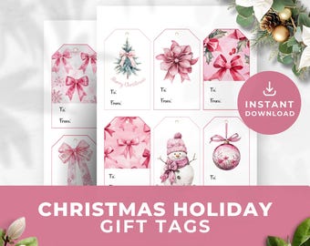 May include: Printable Christmas gift tags with pink watercolor designs. The designs include a Christmas tree, a bow, a snowman, an ornament, and a pattern of bows. The tags have space to write "To" and "From".