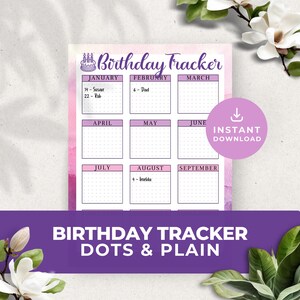 Puede incluir: Un planificador de cumpleaños imprimible con un fondo de acuarela rosa y morado. El planificador está dividido en 12 meses, con un espacio para escribir nombres y fechas en cada mes. El planificador también tiene una cuadrícula punteada para facilitar la escritura.