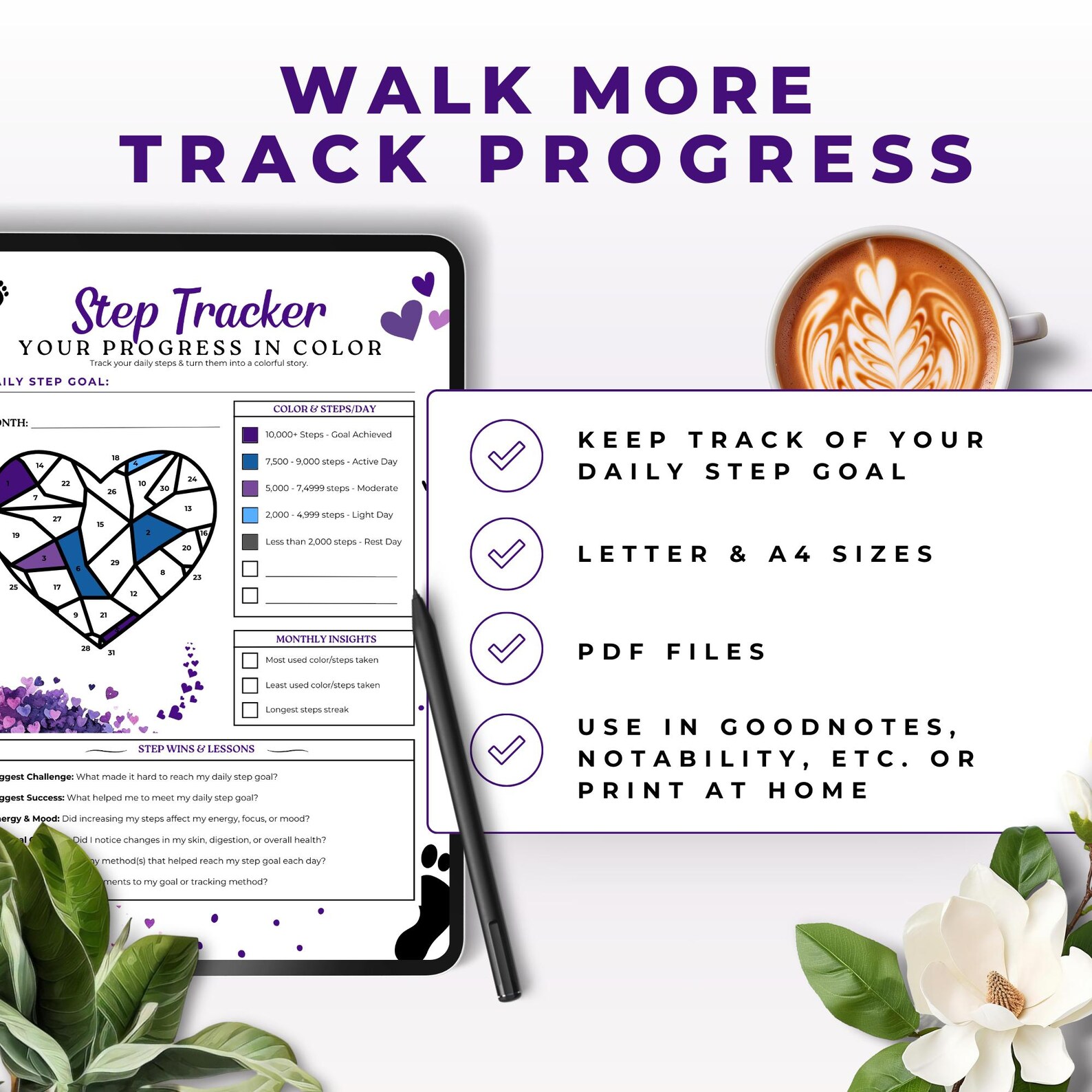 Dark Purple Step Tracker Printable Monthly Coloring Fitness Planner ...