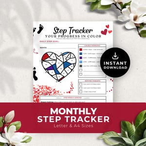 Bordeauxrood stappentracker afdrukbare maandelijkse kleurplaten fitnessplanner wandelen gewichtsverlies gezondheid doel dagboek digitale pdf direct downloaden PR005