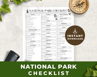 Lista de verificación de parques nacionales imprimible / Lista de deseos para amantes de los bosques, viajes de naturaleza, guía de aventuras, destinos de senderismo, pasión por los viajes, descarga PDF NP015