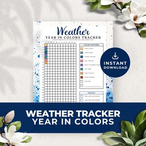 Puede incluir: Un rastreador de clima imprimible con una cuadrícula para cada día del año. La cuadrícula está codificada por colores para rastrear diferentes condiciones climáticas, como soleado, nublado, lluvioso y nevado. El rastreador también incluye una sección para ideas, donde puedes registrar tus observaciones sobre el clima.