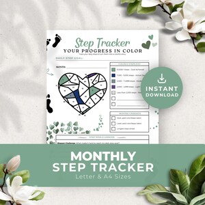 Saliegroen Step Tracker Afdrukbare maandelijkse kleurplaten Fitness Planner Wandelen Gewichtsverlies Gezondheidsdoelen Dagboek Digitale pdf Instant Download PR004