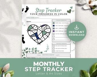 Sage Green Step Tracker Printable Monthly Coloring Fitness Planner Walk Weight Loss Health Goals Journal Digital PDF Instant Download PR004