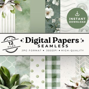 Sage Green Digital Papers | Seamless Pattern Boho Rainbows Shabby Chic Wildflower Cottagecore | Coordinating Watercolor Downloadable SP001