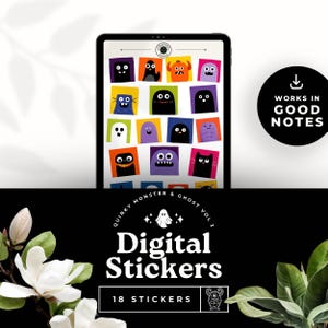 May include: A digital tablet displays colorful monster and ghost stickers. The stickers are in a grid, each with a unique design and color. Below the tablet, the text reads "Digital Stickers" and "18 Stickers". A black circle says "Works in Good Notes".