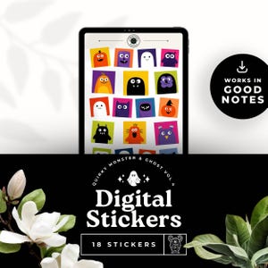 May include: A digital tablet displays colorful monster and ghost stickers. The stickers are in various shapes and colors, including orange, purple, and black. The text "Digital Stickers" and "18 Stickers" is also visible.