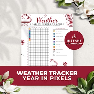 Puede incluir: Un rastreador de clima imprimible con una cuadrícula para cada día del año. Codifica cada día según las condiciones climáticas. Las condiciones climáticas incluyen soleado, parcialmente nublado, nublado, lluvia, tormenta, nieve, ventoso y niebla. El texto en el imprimible dice "Weather Year in Pixels Tracker".