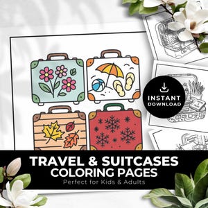 Travel Suitcase Coloring Pages Printable Comfy Cozy Vacation Fun Bold Easy Magical Aesthetic for Kids Teen Adults Digital PDF Download TC001