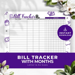Könnte beinhalten: Ein druckbarer Rechnungs-Tracker mit einem lila und weißen Farbschema. Der Tracker hat Spalten für Rechnungsname, Fälligkeitstermin, Betrag, automatische Zahlung und einen Bereich für jeden Monat des Jahres. Der Text "Bill Tracker with Months" befindet sich am unteren Rand der Seite.