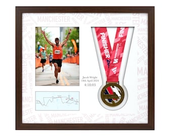 Deluxe Manchester Marathon 2024 Commemorative Display Frame for medal & photo. Showcase your achievement and see both sides of the medal!