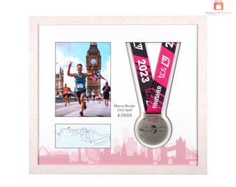 Cornice commemorativa deluxe della maratona di Londra 2021-2024 per medaglia e foto. Metti in mostra i tuoi risultati e guarda entrambi i lati della medaglia!