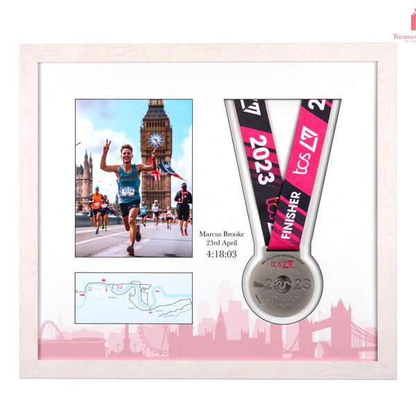 Deluxe London Marathon 2021-2024 Commemorative Display Frame for medal & photo. Showcase your achievement and see both sides of the medal!