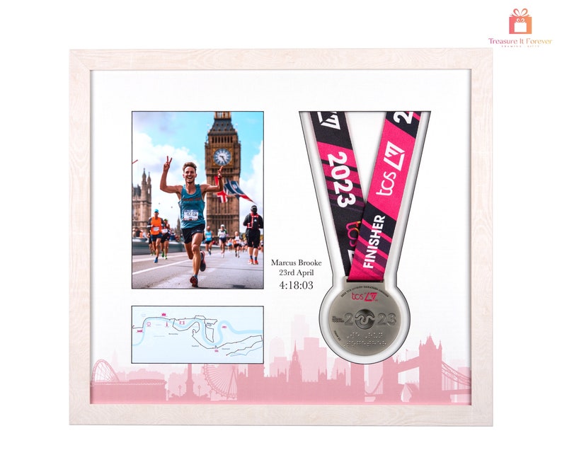 Deluxe London Marathon 2021-2024 Commemorative Display Frame for medal & photo. Showcase your achievement and see both sides of the medal image 1