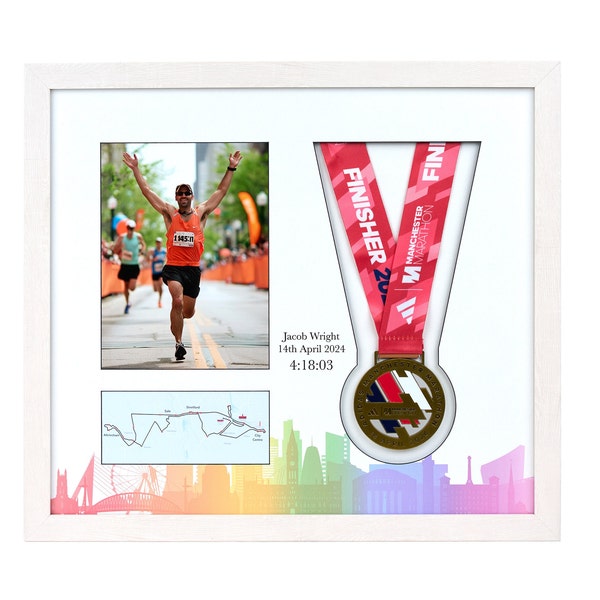 Deluxe Manchester Marathon 2024 Commemorative Display Frame for medal & photo. Showcase your achievement and see both sides of the medal!