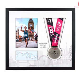 Deluxe London Marathon 2021-2024 Commemorative Display Frame for medal & photo. Showcase your achievement and see both sides of the medal image 1