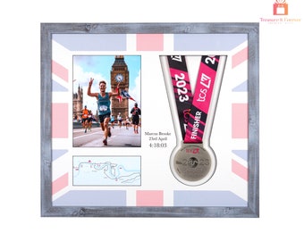 Cadre de présentation commémoratif de luxe pour le marathon de Londres 2021-2024 pour une médaille et une photo. Présentez vos réalisations et voyez les deux côtés de la médaille !