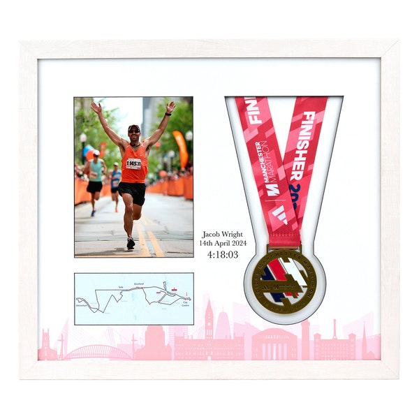 Deluxe Manchester Marathon 2024 Commemorative Display Frame for medal & photo. Showcase your achievement and see both sides of the medal!