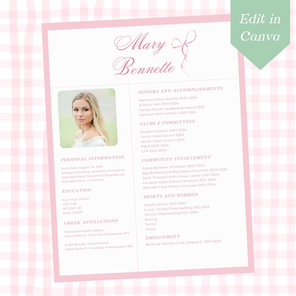 Sorority Resume Template, Sorority Resume Template with Photo, Pink Bow Editable, Girly, Recruitment, Primary Recruitment