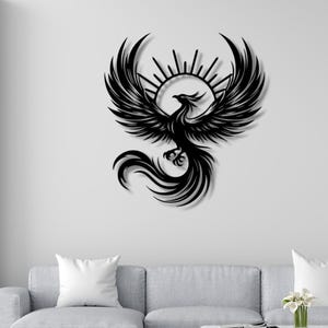 Phoenix Metallwandkunst, majestätische Feuervogelwanddekoration für Wohnzimmer, Schlafzimmer, Büro, moderner mythischer Phoenix, Metallwandkunst-Geschenk für Haus