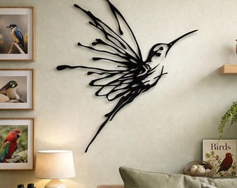Arte de pared minimalista de metal con forma de pájaro: escultura de pared moderna con forma de pájaro volador, decoración para sala de estar, elegante colibrí volador.