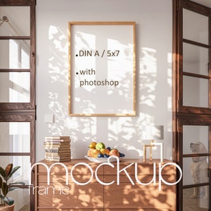 DIN A Wooden Vertical Wall Art Frame Mockup, Scandinavian Living Room Interior Product Background,Natural Light and Shadow PSD Template 5x7