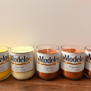 Various Scented Candles in Modelo beer bottles - wood wick (WW) and Cotton wick options