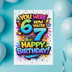 Printable skateboard themed birthday card for boy turning seven featuring large number 7, bright graffiti splash background and Six Seven milestone design.