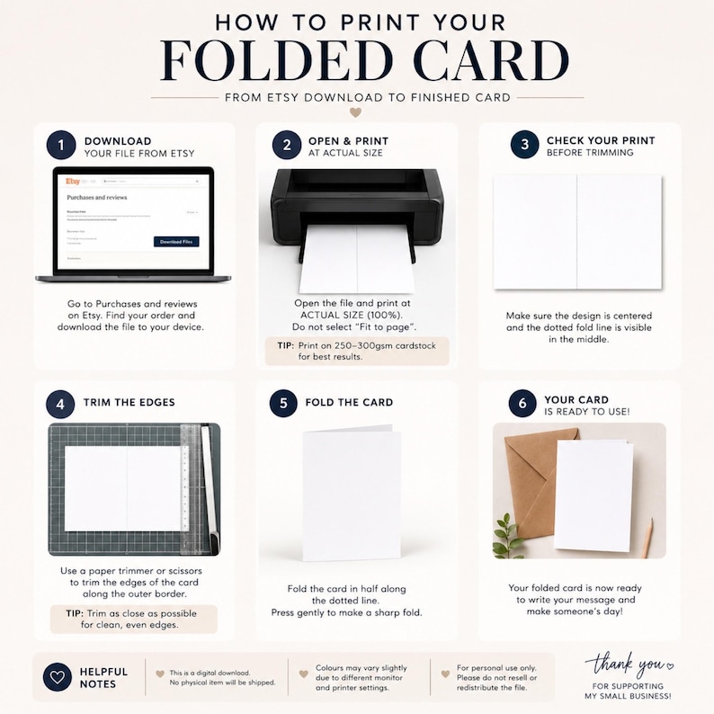 A six-step instructional infographic illustrates how to download, print, trim, and fold a digital greeting card.