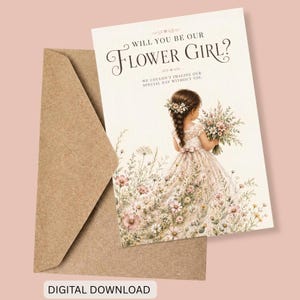 May include: A cream-colored greeting card and a brown envelope. The card features an illustration of a child in a lace dress holding a bouquet in a field of flowers, with the text: Will you be our Flower Girl? We couldn't imagine our special day without you.