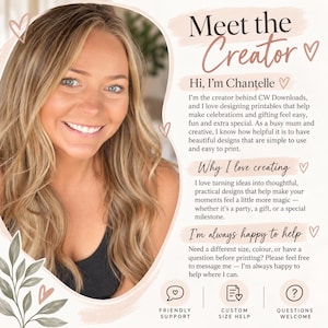 May include: A portrait of a woman with long blonde hair next to text that reads Meet the Creator, Hi, I'm Chantelle, Why I love creating, and I'm always happy to help. The graphic includes small heart icons and three bottom icons for support.