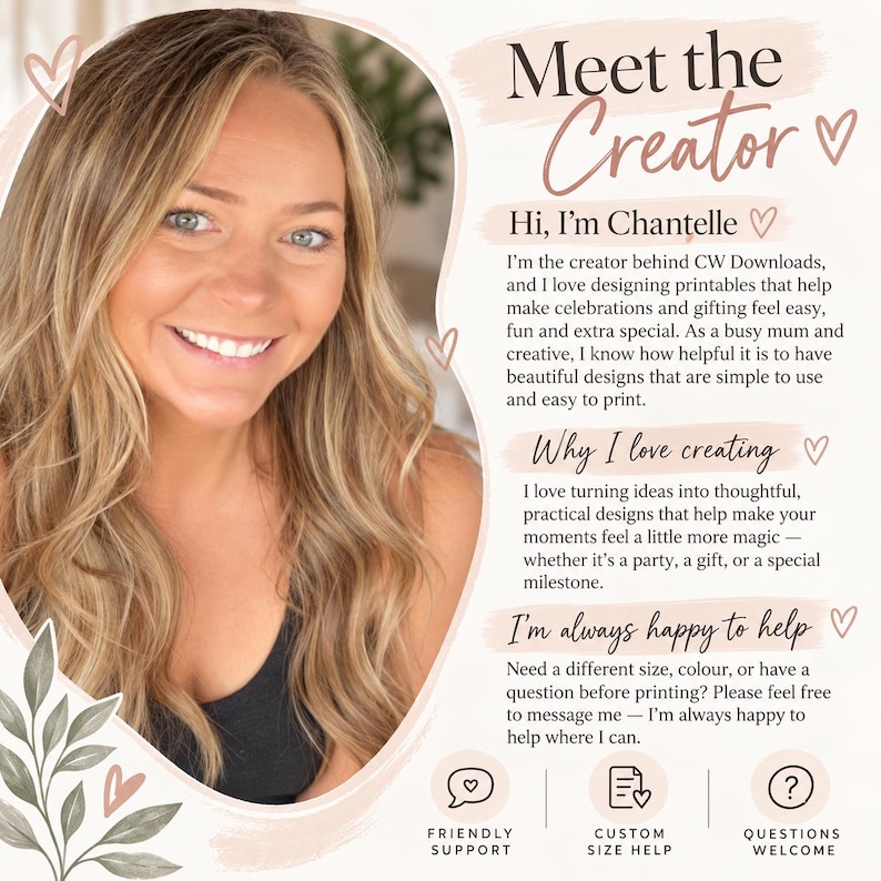 May include: A portrait of a woman with long blonde hair next to text that reads Meet the Creator, Hi, I'm Chantelle, Why I love creating, and I'm always happy to help. The graphic includes small heart icons and three bottom icons for support.