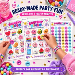 May include: A printable Squishy Bingo game set featuring two game boards and a sheet of cut-out markers. The boards display colourful illustrations of squishy toys like avocados, cakes, and boba cups with the text Ready-Made Party Fun and Squishy Bingo.