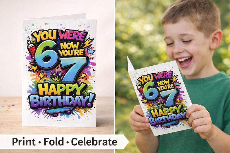 Celebrate the milestone with this bold “You Were 6 Now You’re 7” printable birthday card — the perfect 7th birthday card for boys who love skateboards, graffiti style art and colourful street vibes. https://au.pinterest.com/pin/536491374383259150/