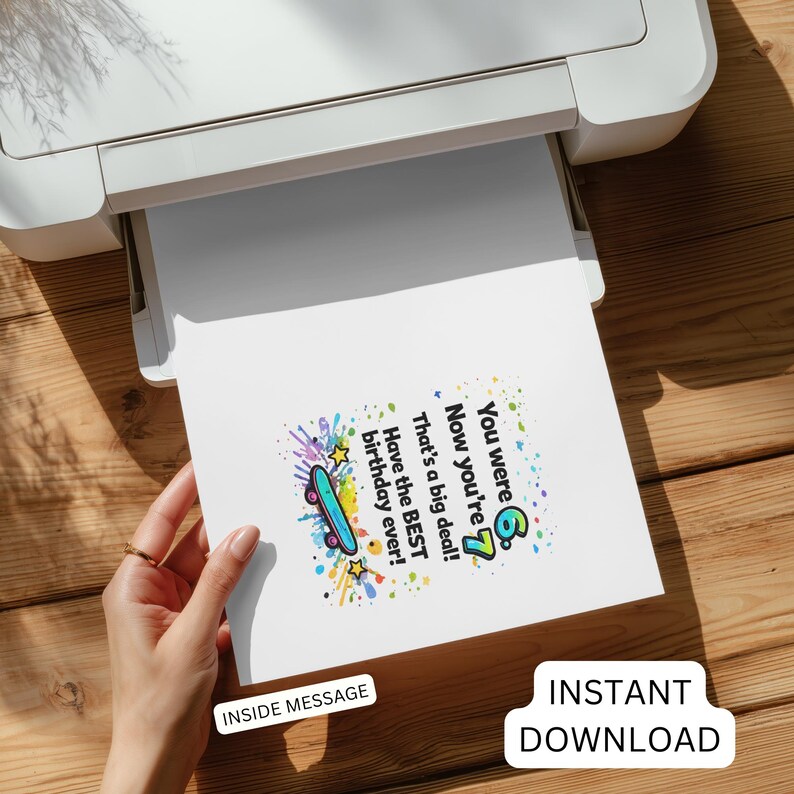 Colourful 5x7 printable birthday card for kids reading ‘You were 6, now you’re 7, happy birthday,’ shown with front and inside design, bright graffiti-style typography, confetti details, and blue envelope