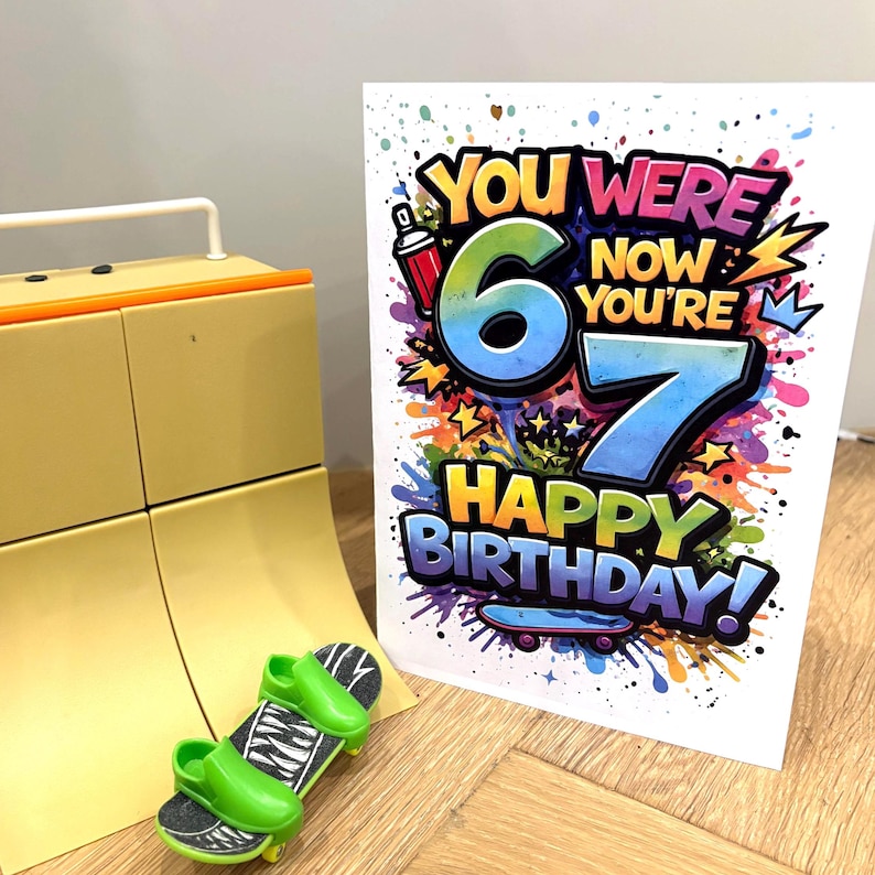 Colourful 5x7 printable birthday card for kids reading ‘You were 6, now you’re 7, happy birthday,’ shown with front and inside design, bright graffiti-style typography, confetti details, and blue envelope