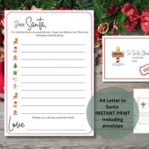 Lista de deseos de Navidad, Querido Papá Noel, Carta a Papá Noel, Lista de deseos para Papá Noel, Impresión digital, Impresión digital con sobre, Correo a Papá Noel, PDF, A4