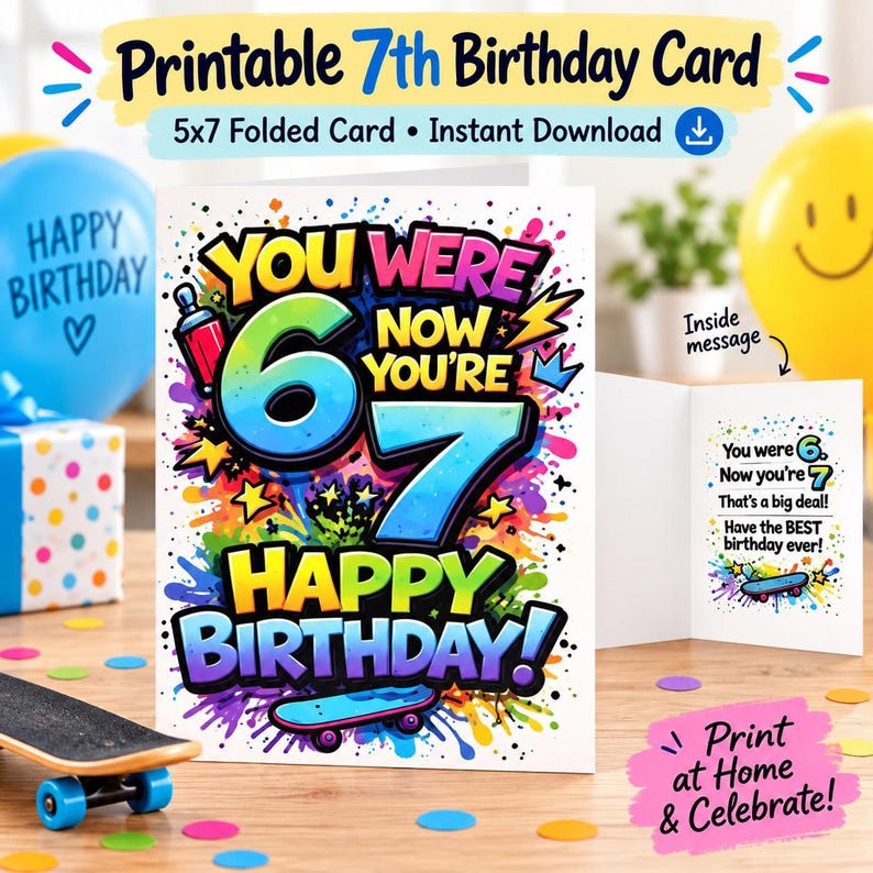 A colorful seventh birthday card mockup displays graffiti text reading You Were 6 Now Youre 7 Happy Birthday with a skateboard graphic, surrounded by party decorations.
